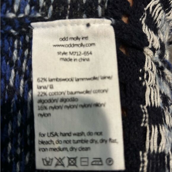 ODD MOLLY Boho Scandi Blue Black Wool Shawl Collar Embroidered Knit Cardigan M - Picture 9 of 11